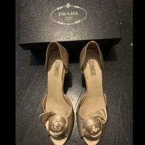 PRADA Satin D’orsay with Rose Peep-Toe Heel in Sabbia.